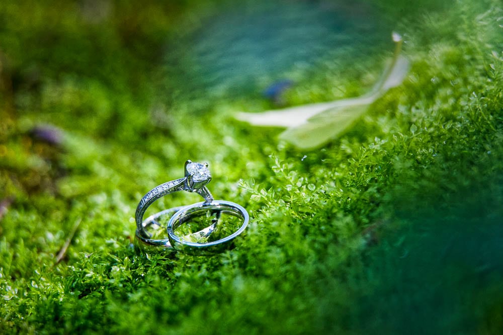 details photo of wedding rings on green grass foam