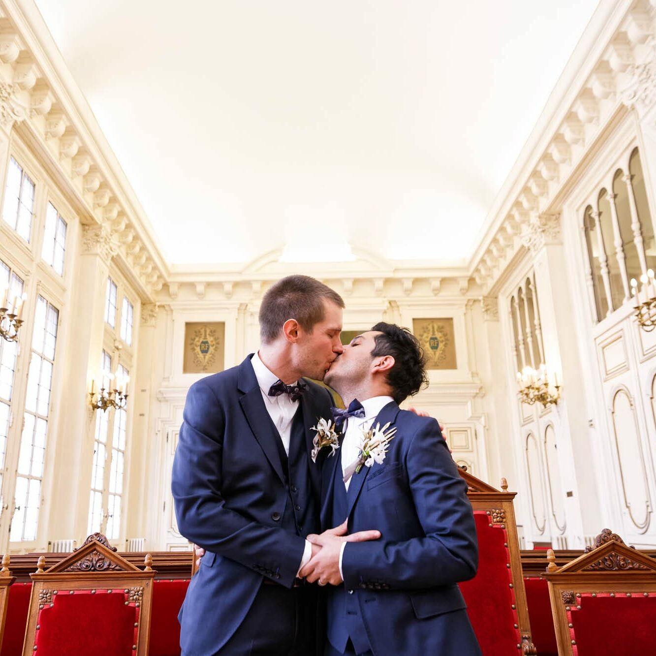 courthouse 2 newly married same sex couple kissing in the celebration room