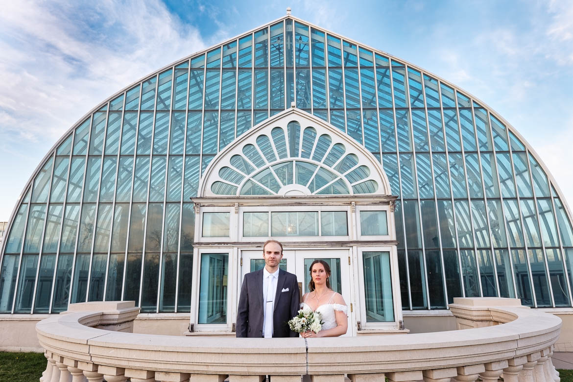 Bride and Groom at Como Park Covered Porch
