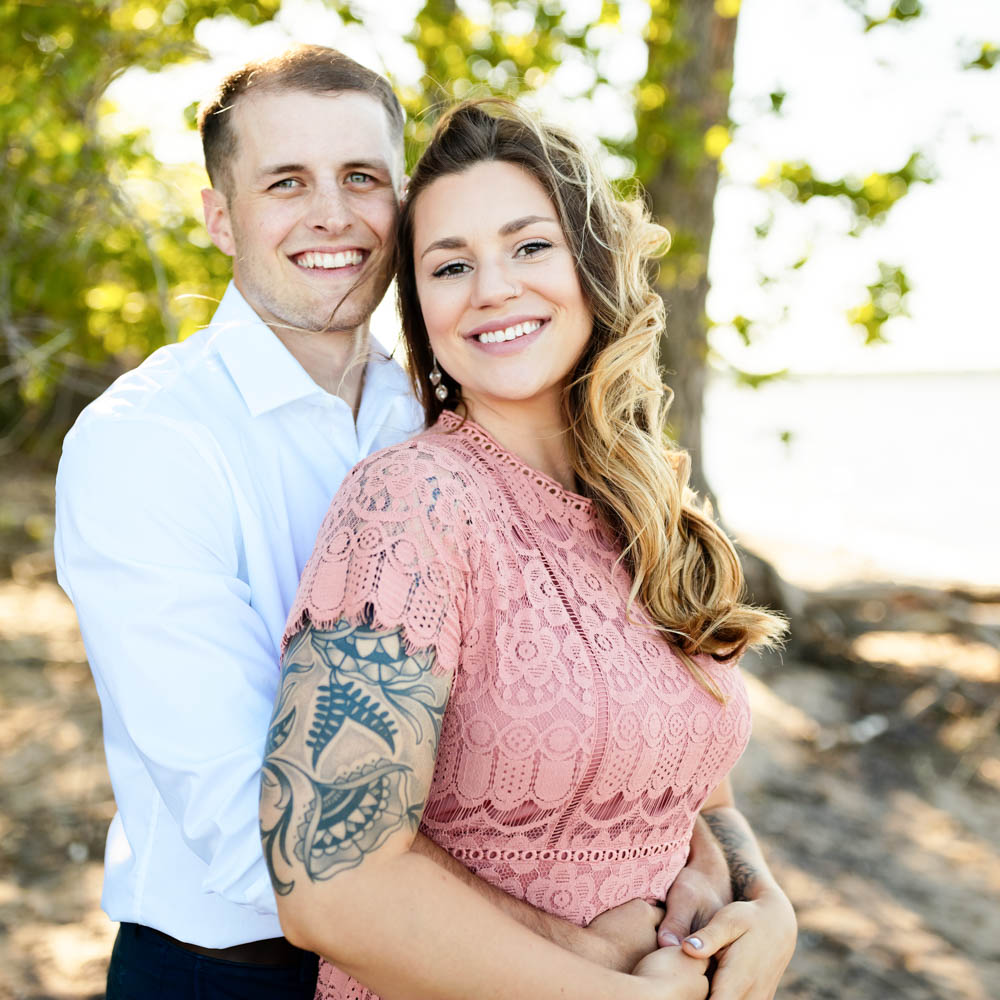 chic and elegant summer outfit for engagment session white shirt and lace pink dress