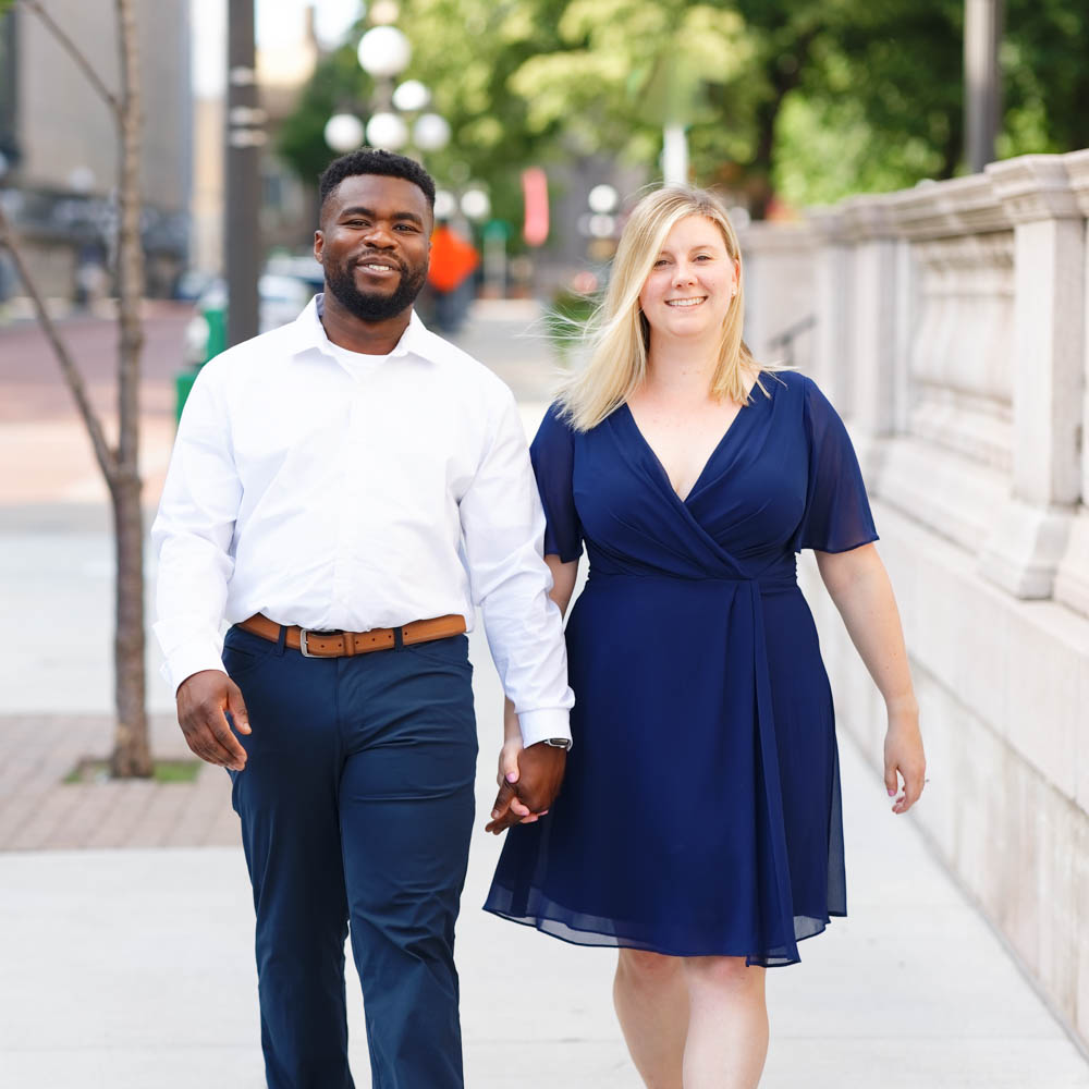 couple dressed in blue and neutral color chick elegant city