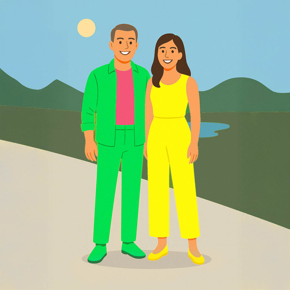 couple dressed in vivid colors