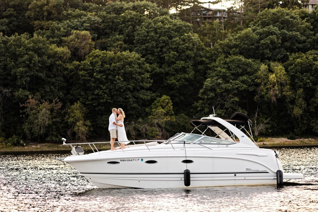Boat Engagement session at Hudson, Wisconsin, on saint croix river