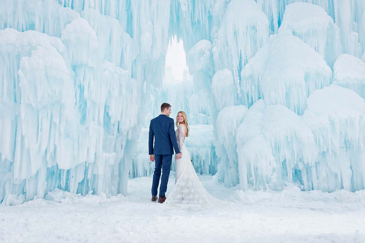 back-of-the-bride's-dress-at-ice-castle-photo-session