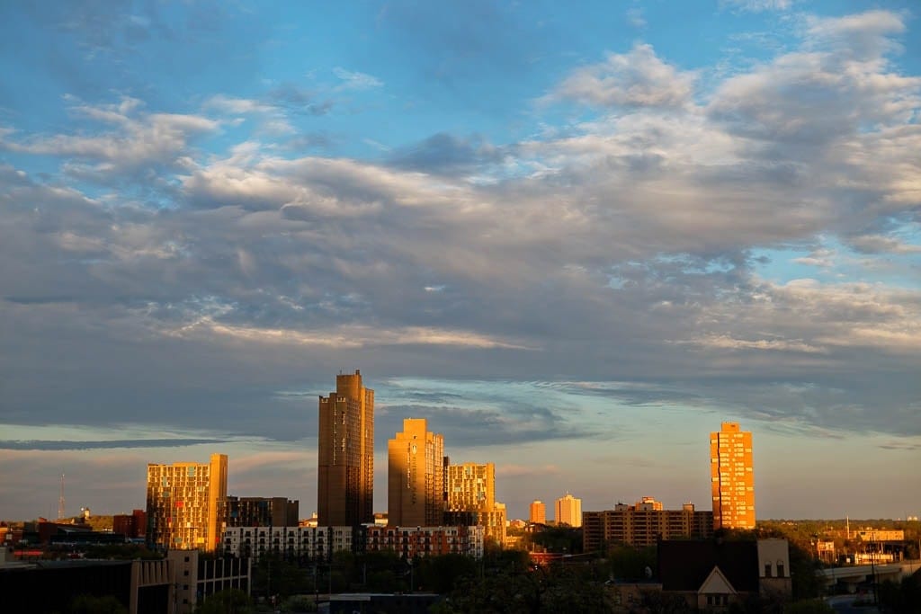 minneapolis rooftop sunset view with blue sky