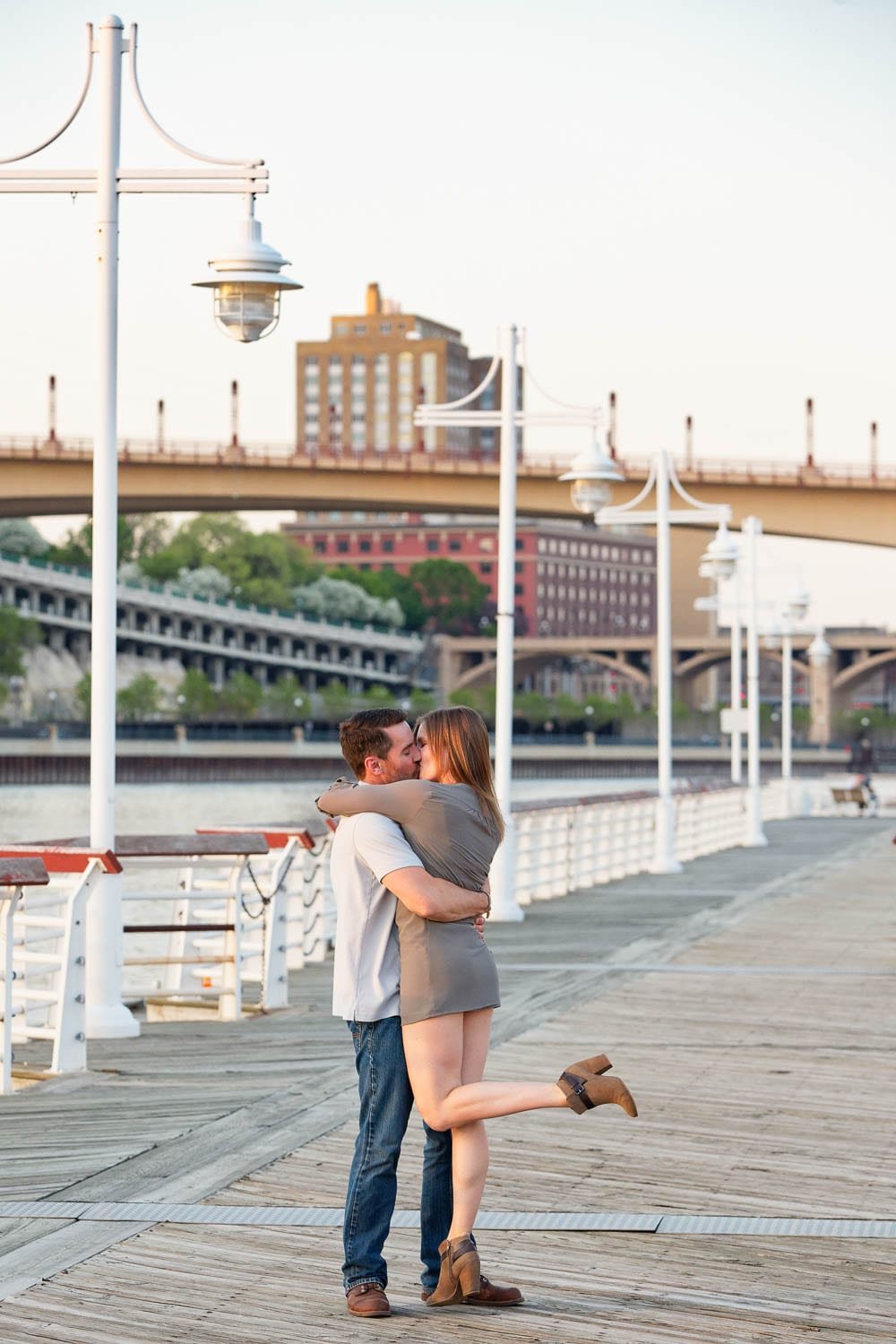 Mississippi shore for minnesota engagement Wood deck on Mississippi shore