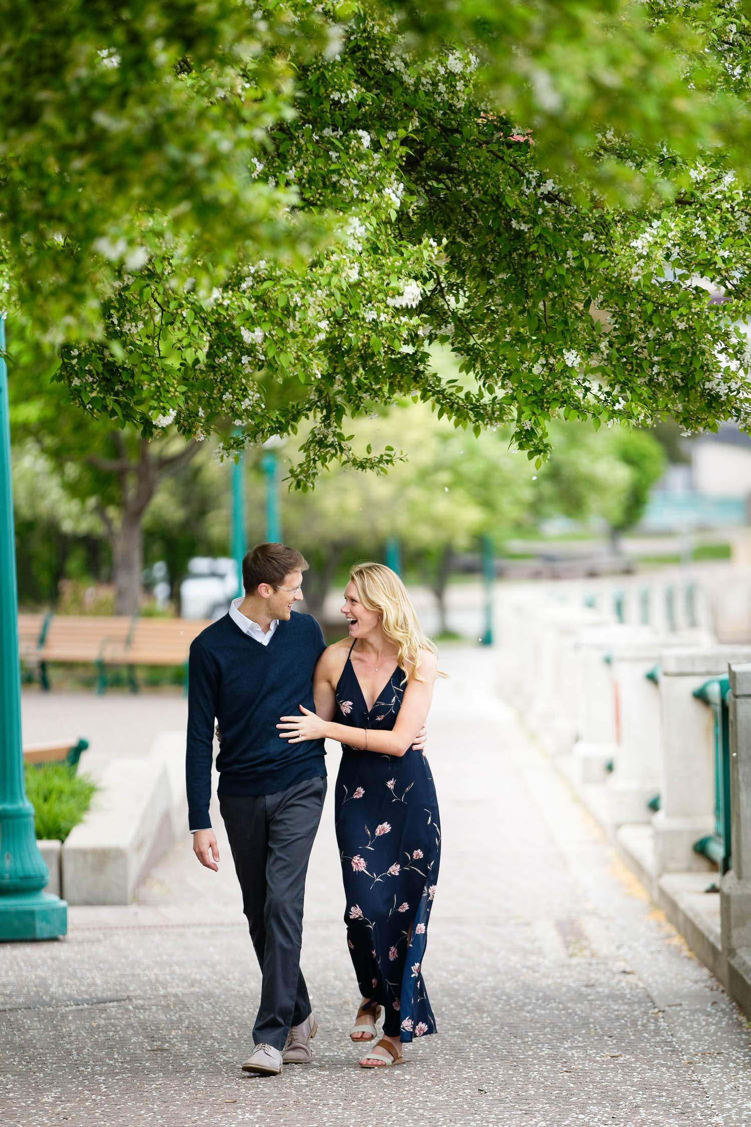 — Fiances in love strolling under the blooming cherry trees —
