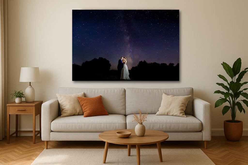 living room with big artistic print of married couple