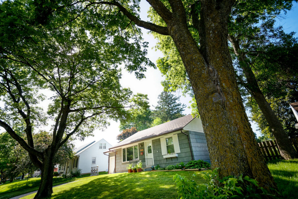 Bride and groom, local house in Rochester, Minnesota for backyard wedding
