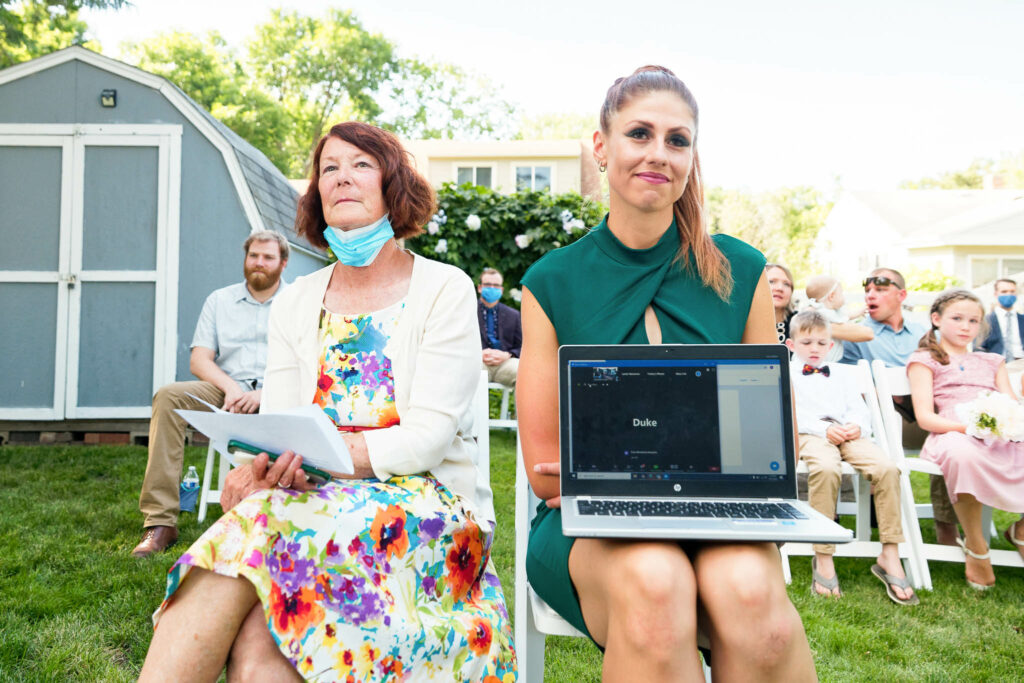 Zoom call during a backyard microwave wedding