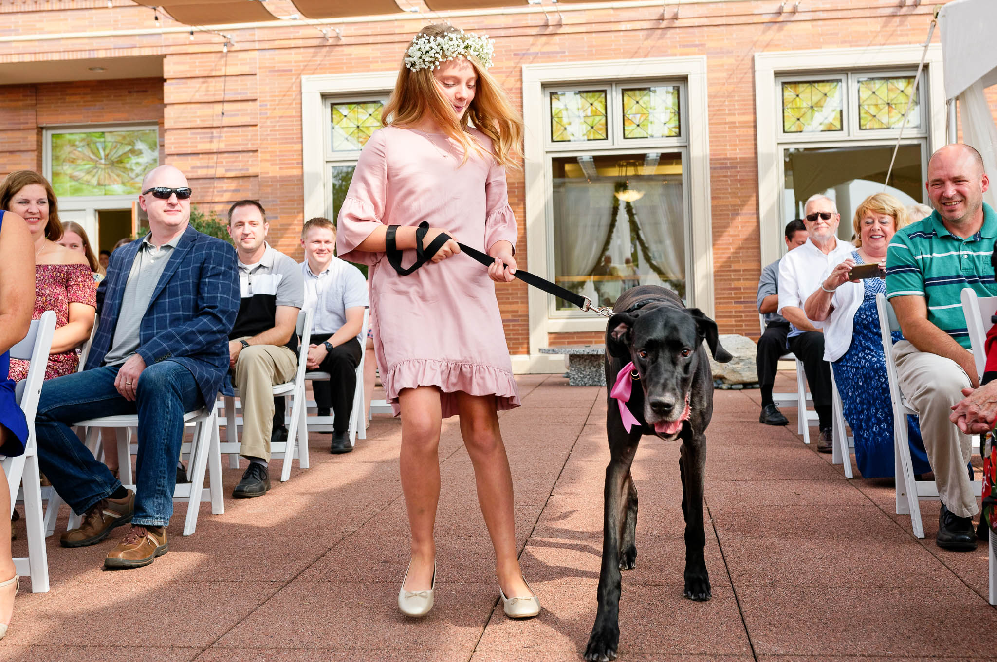 dog and flower girl walking down aisle
