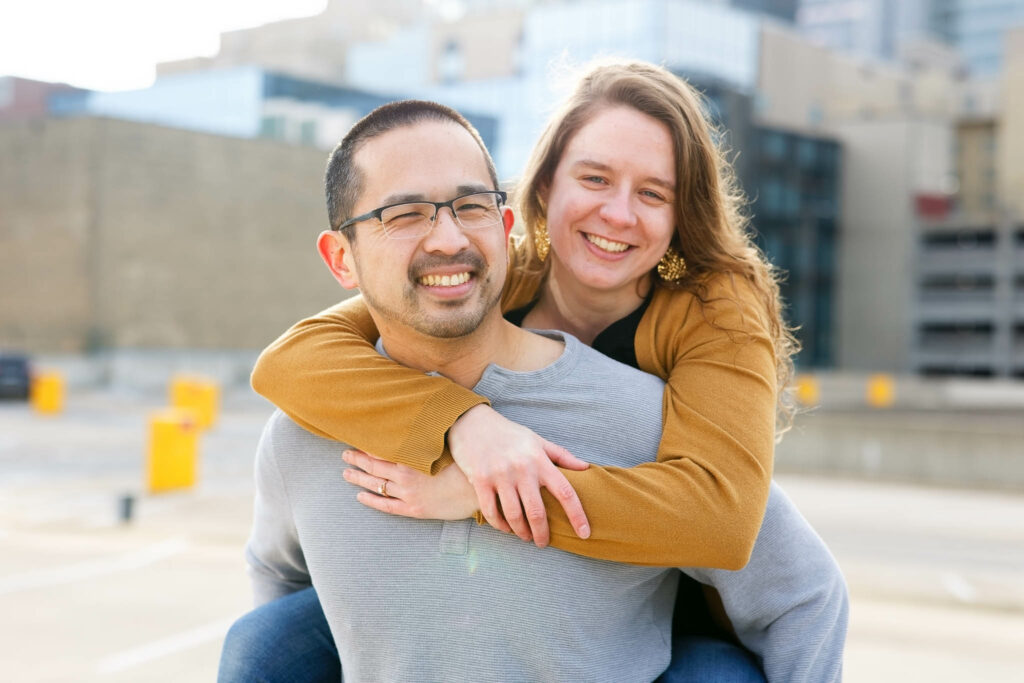 Engagement photo on a rooftop in Rochester, Minnesota