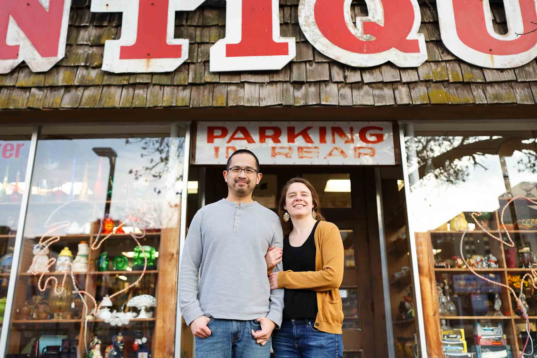 Engagement photo on Rochester Minnesota Brodway antique store