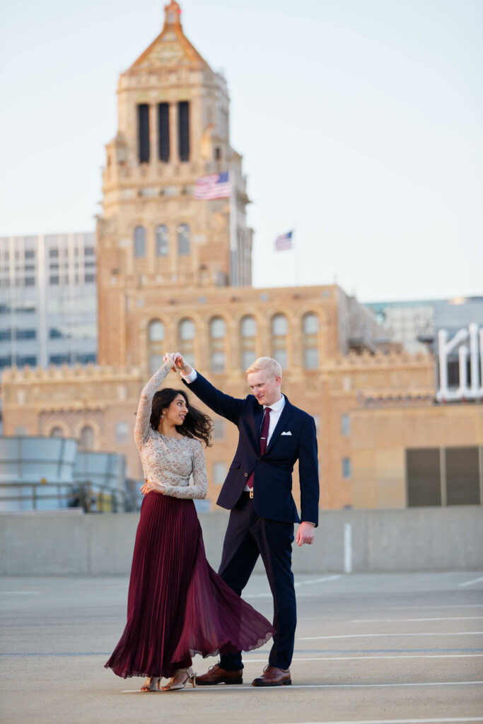engagement rooftop light flying dress