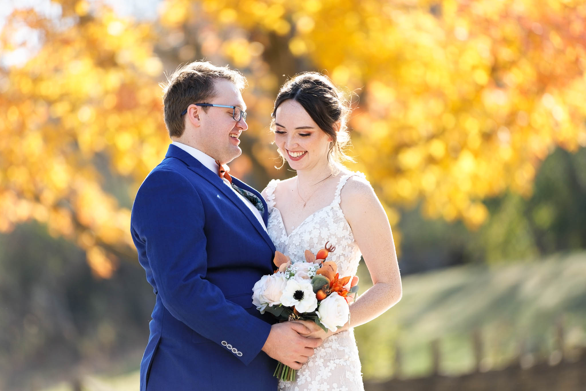 Bride and groom first look in front of yellow leaves mapple tree_-2
