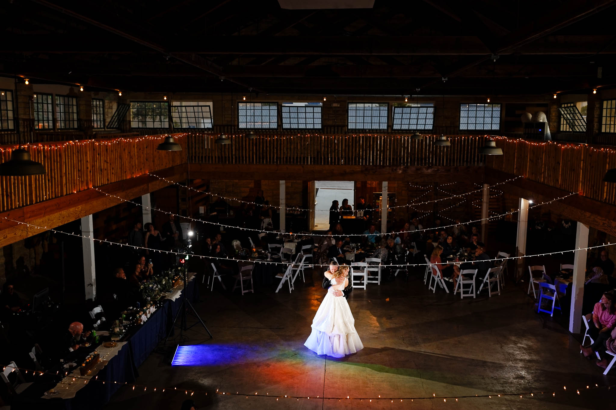 Bride and groom, first dance at Floral Hall view from Balcony