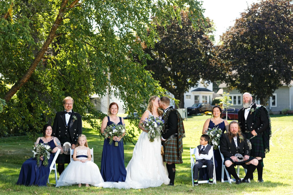 Wedding party group photo at River Access Rochester