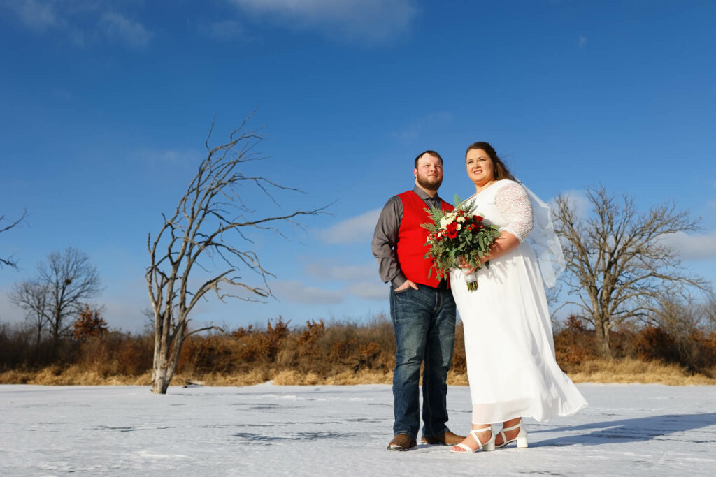 Bride and groom, frozen Lake at Chester Wood Park Eyota