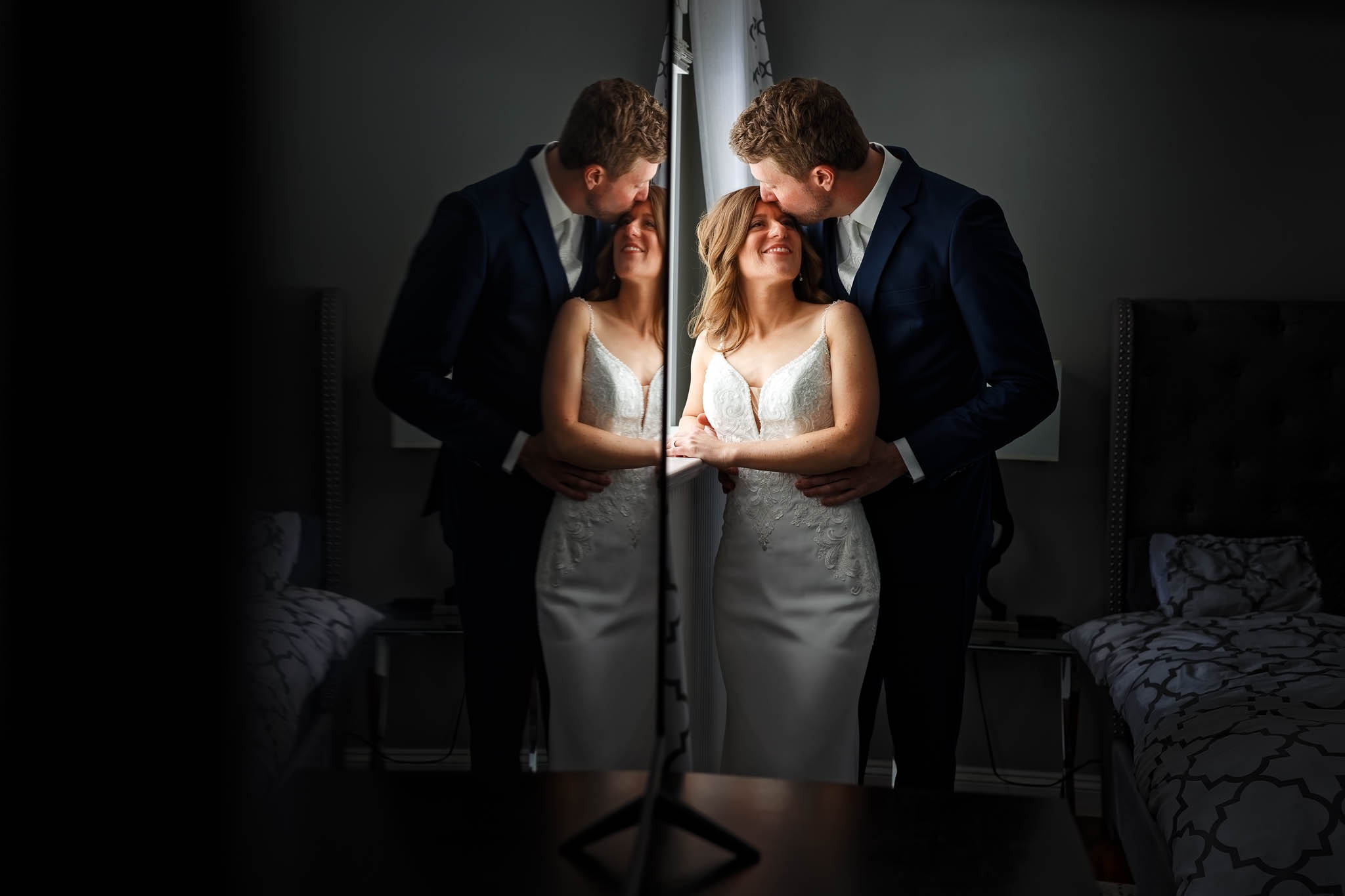 Bride and groom indoor photo in airbnb rochester