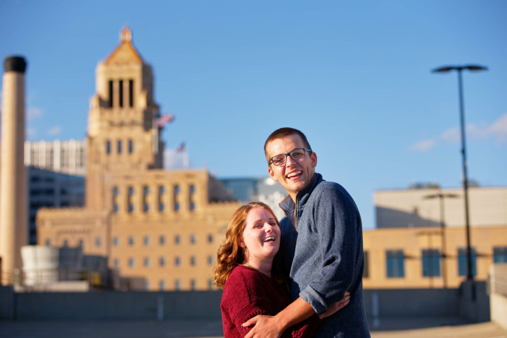 Engagement photo on third Street backing ramp view on the plumber building Rochester MN