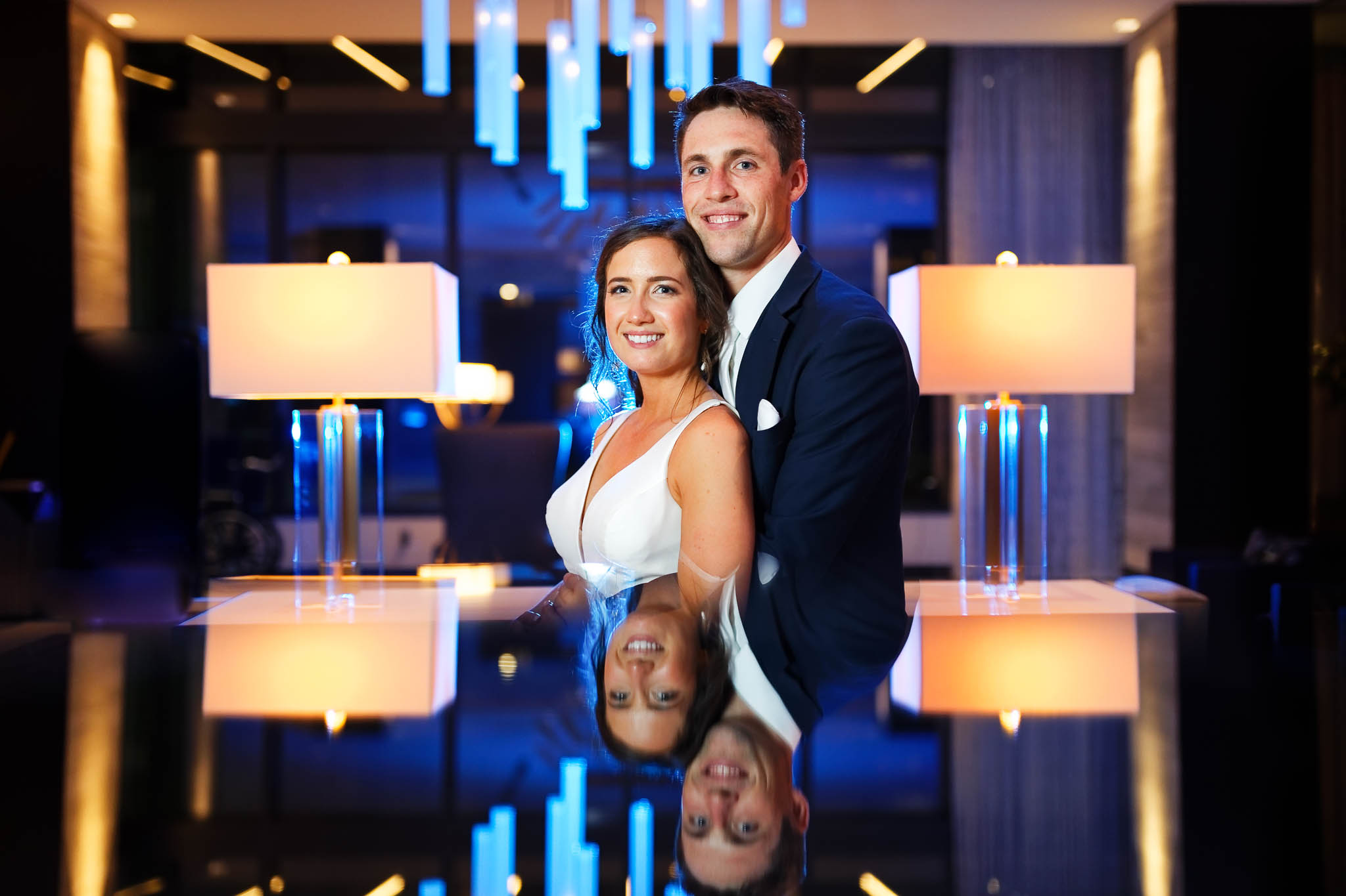 creative portrait of newly married couple at Hitlon's Lobby
