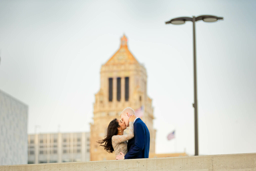 engagement photos with plummer building carillon