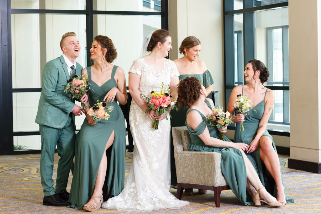 Bride and bridesmaid at the Marriott hotel lobby