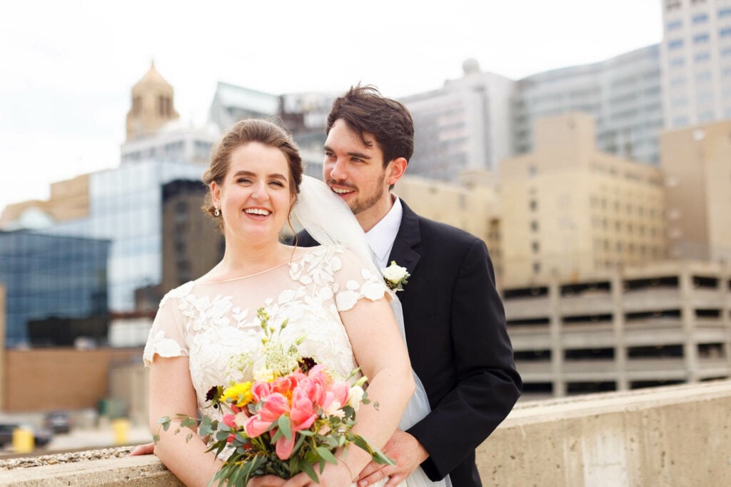 Bride and groom portrait with the Khaler grand Hotel in the background