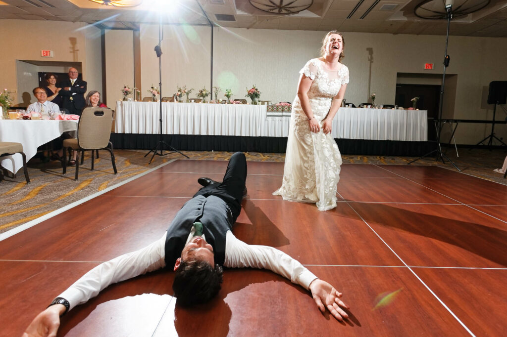 Crazy first dance of the bride and groom on the dance floor-2