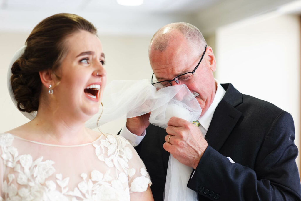 Find a picture of a dad using the bride veil to clean his tears. After the first look, the bride look scared