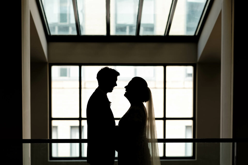 Silhouette picture of the newly married couple in the Marriott hotel lobby, Rochester, Minnesota