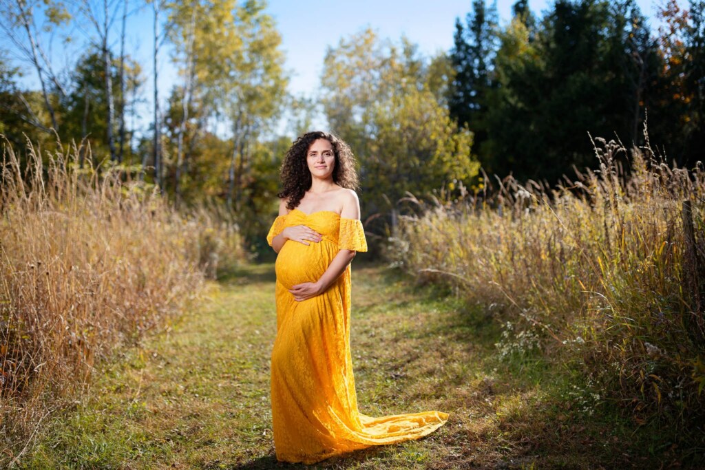 fall pregnancy photo session with yellow dress at chester woods park
