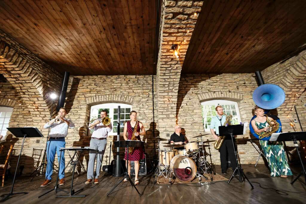 060-loud mouth brass at wedding at Mayowood stone barn rochester mn