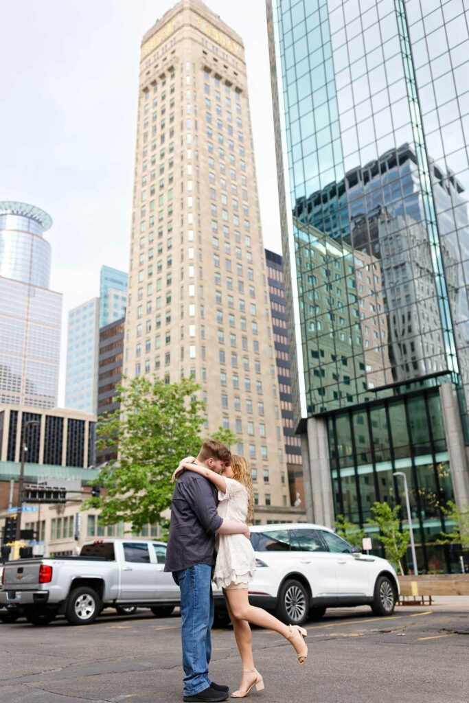 Engagement session at the bottom of Foshay Tower Minneapolis