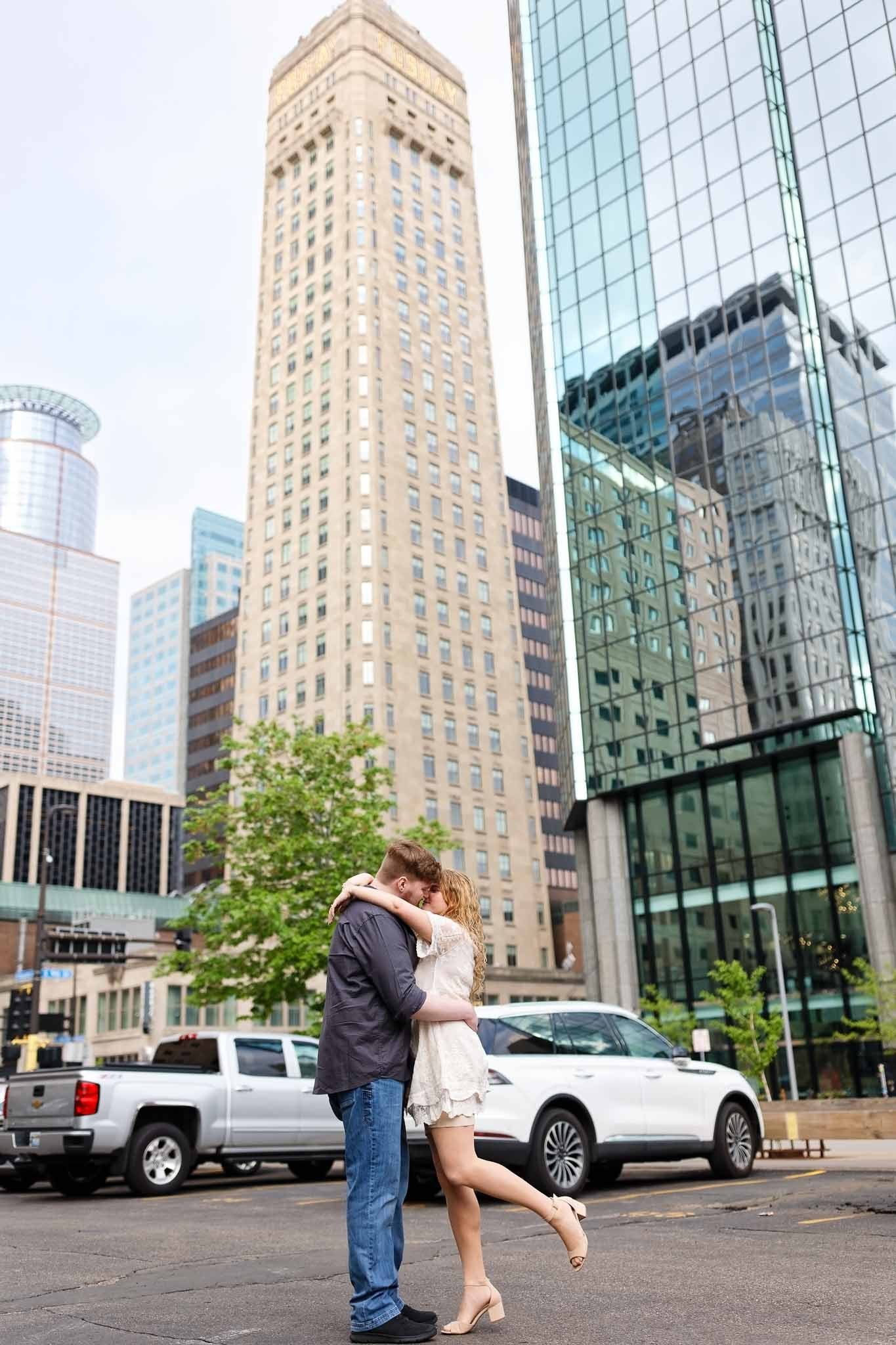 Engagement session at the bottom of Foshay Tower Minneapolis