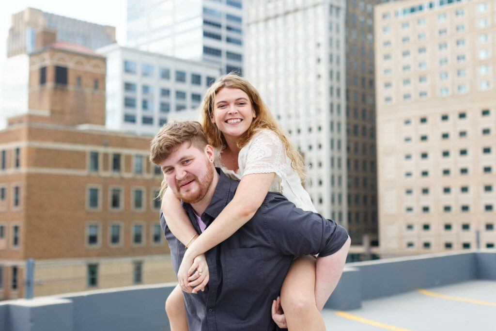 Engagement session on bar roof up in Minneapolis