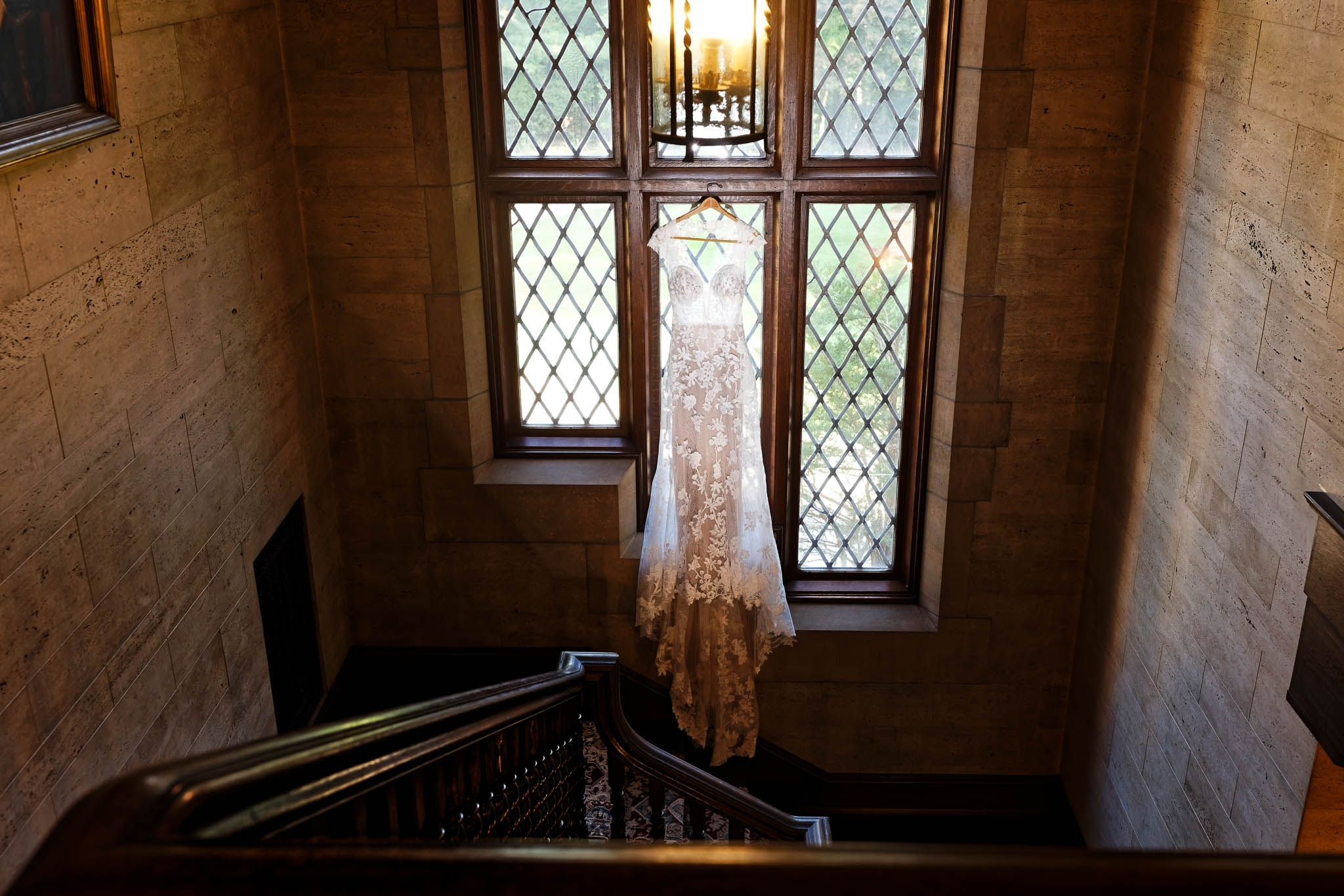 wedding dress in the plummer house stairs
