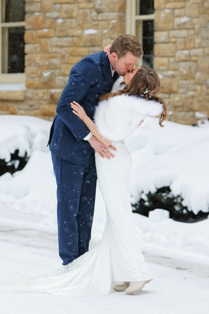 Bride and groom photo with falling snowflakes, Minnesota