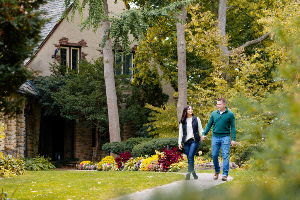 Engagement photo session at the back of the Plummer house fall courtyard
