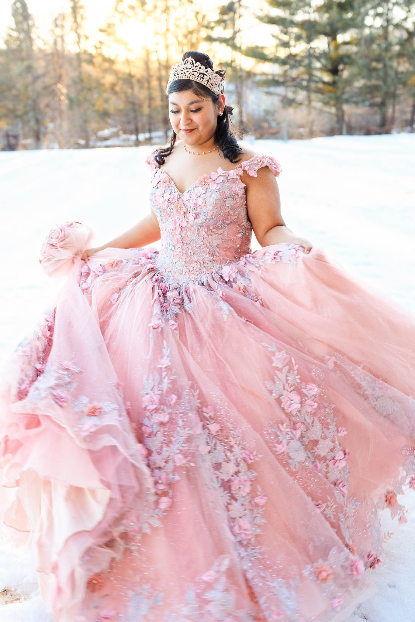 winter photo shoot quinceanera sunset pink dress