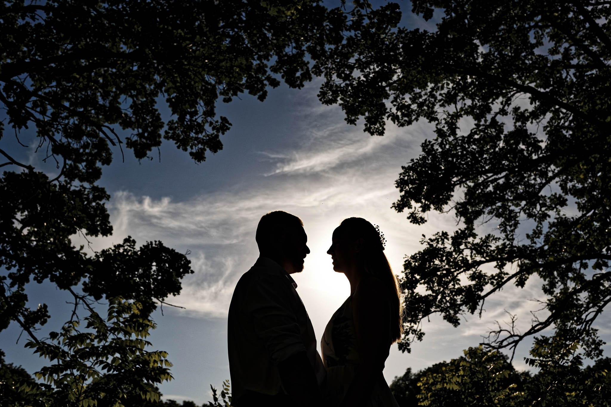 Silhouette photos of the couple with trees and sky
