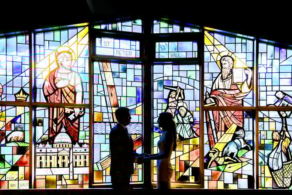 creative photo at church with stained glass windows Saint Peter and Paul Catholic Church Mazzepa