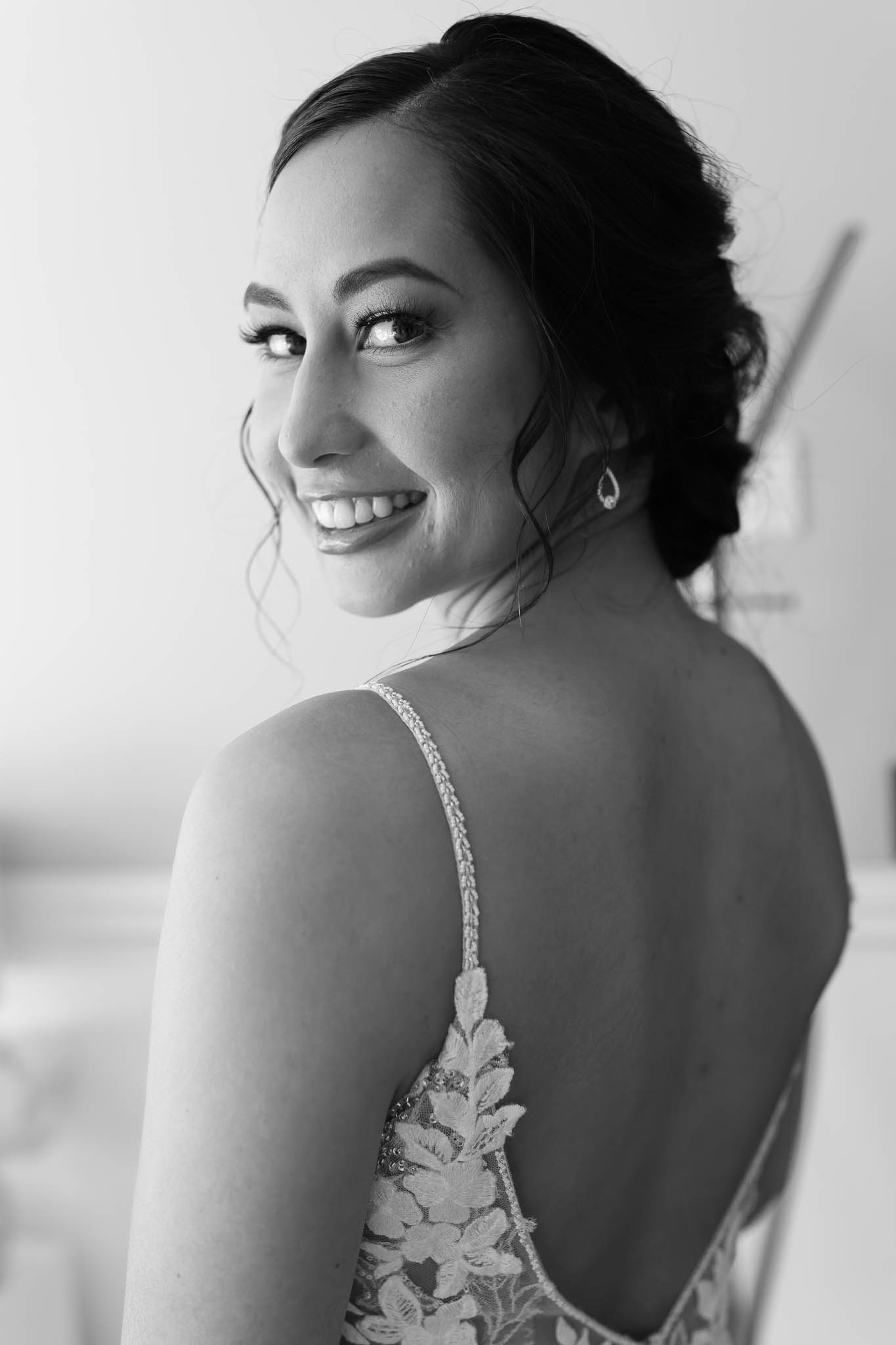 black and white portrait of bride