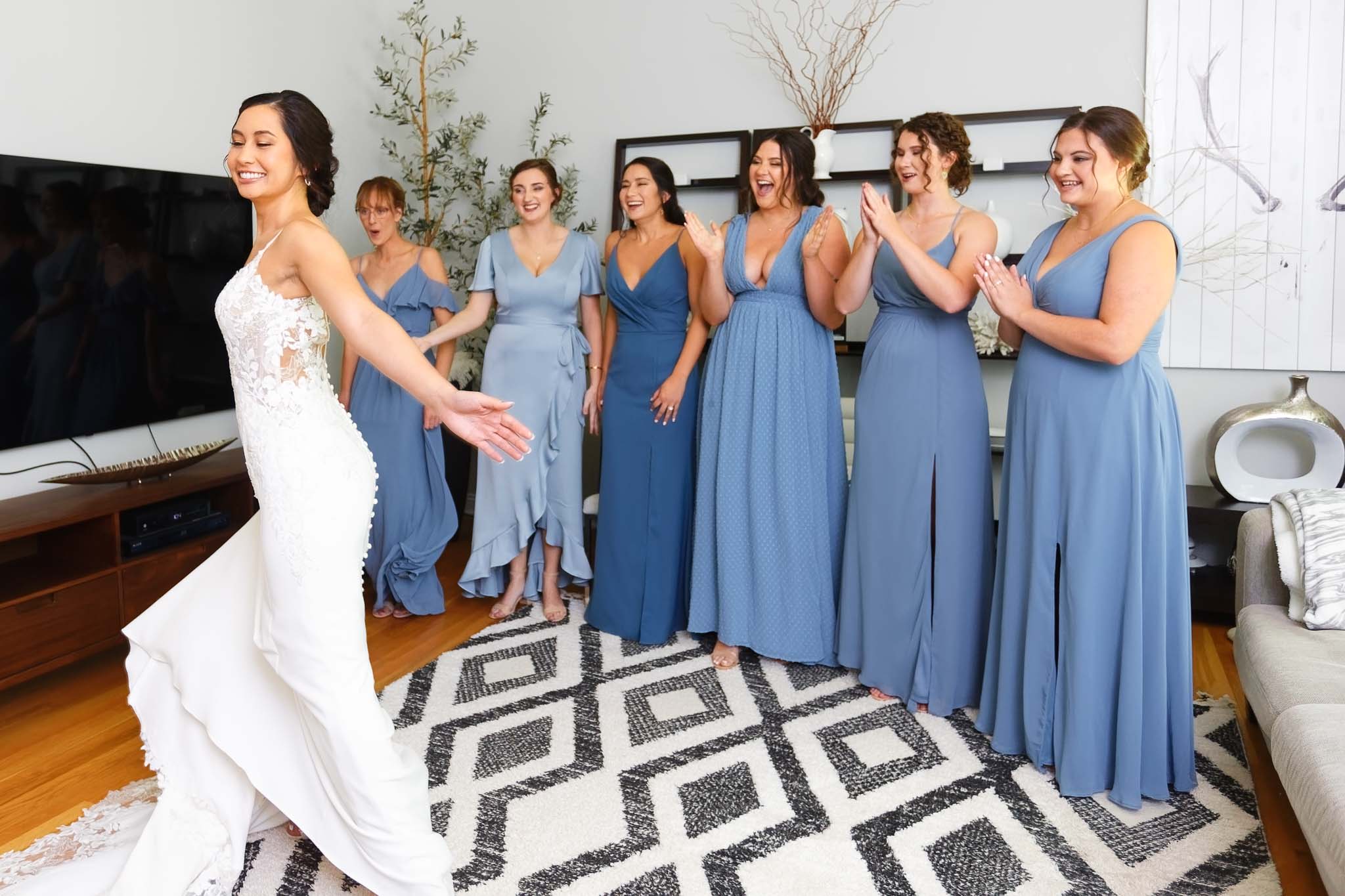 bride frist look with bridesmaids