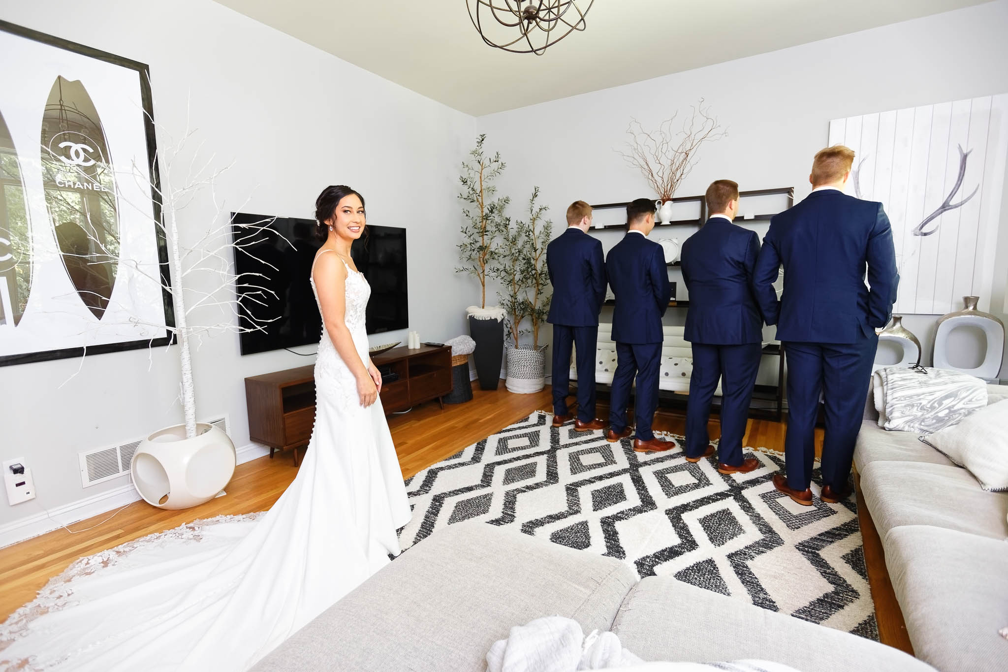 first look of bride and groomsmen