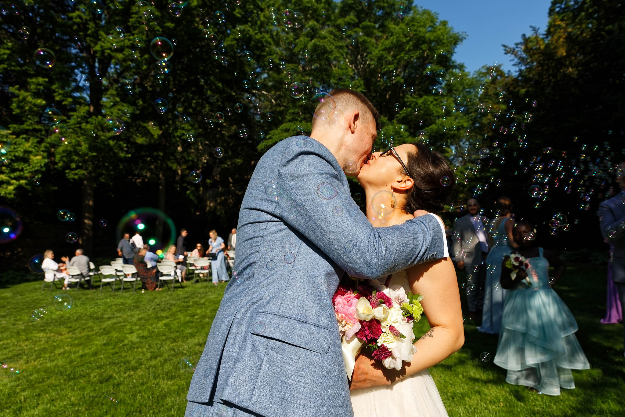 wedding ceremony lower lawn with foutain kiss