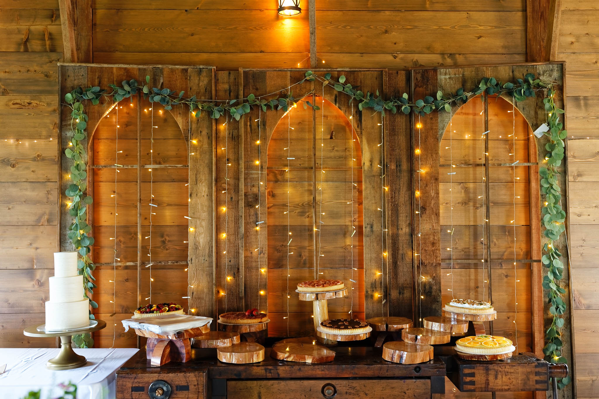 wood desert table at pond view barn