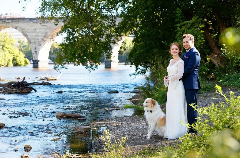 bride and groom photo session with dog on Twin Cities