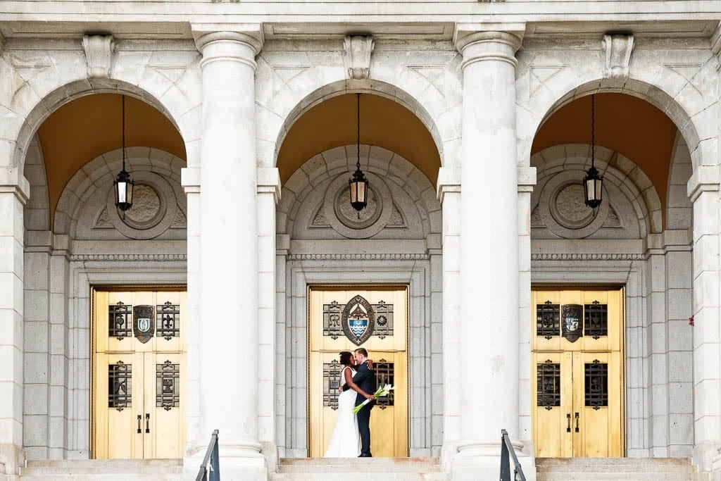 married couple kissing during their Wedding at Basilica of Saint Mary in Minneapolis 