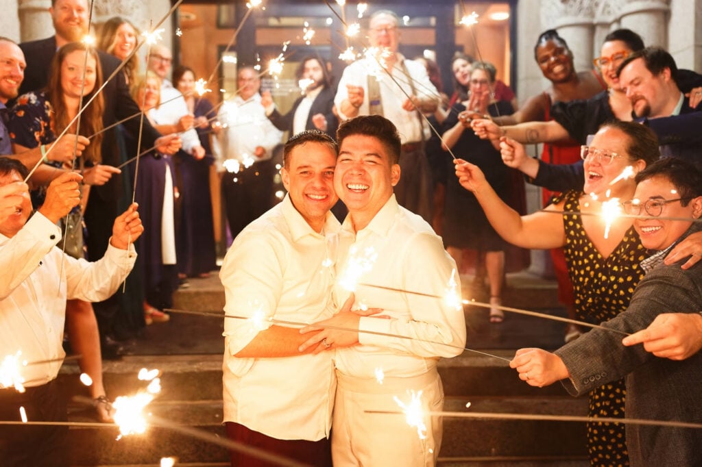 Sparkler grand exit Same Sex Wedding at Landmark Center in Saint Paul MN.